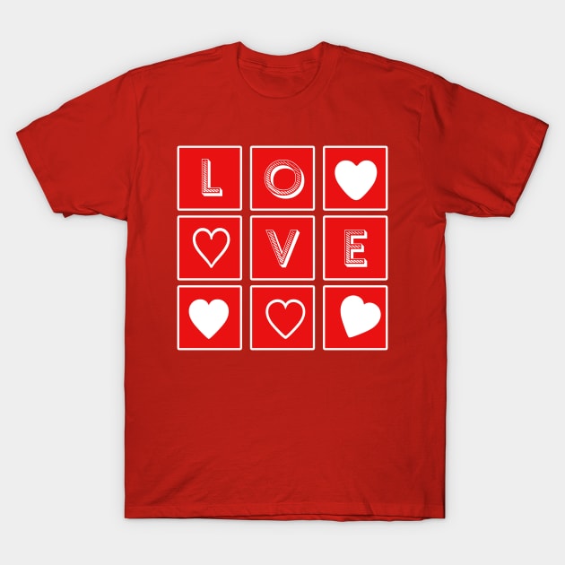 LOVE in Nine Red Boxes with Hearts Pop Art T-Shirt by Scarebaby